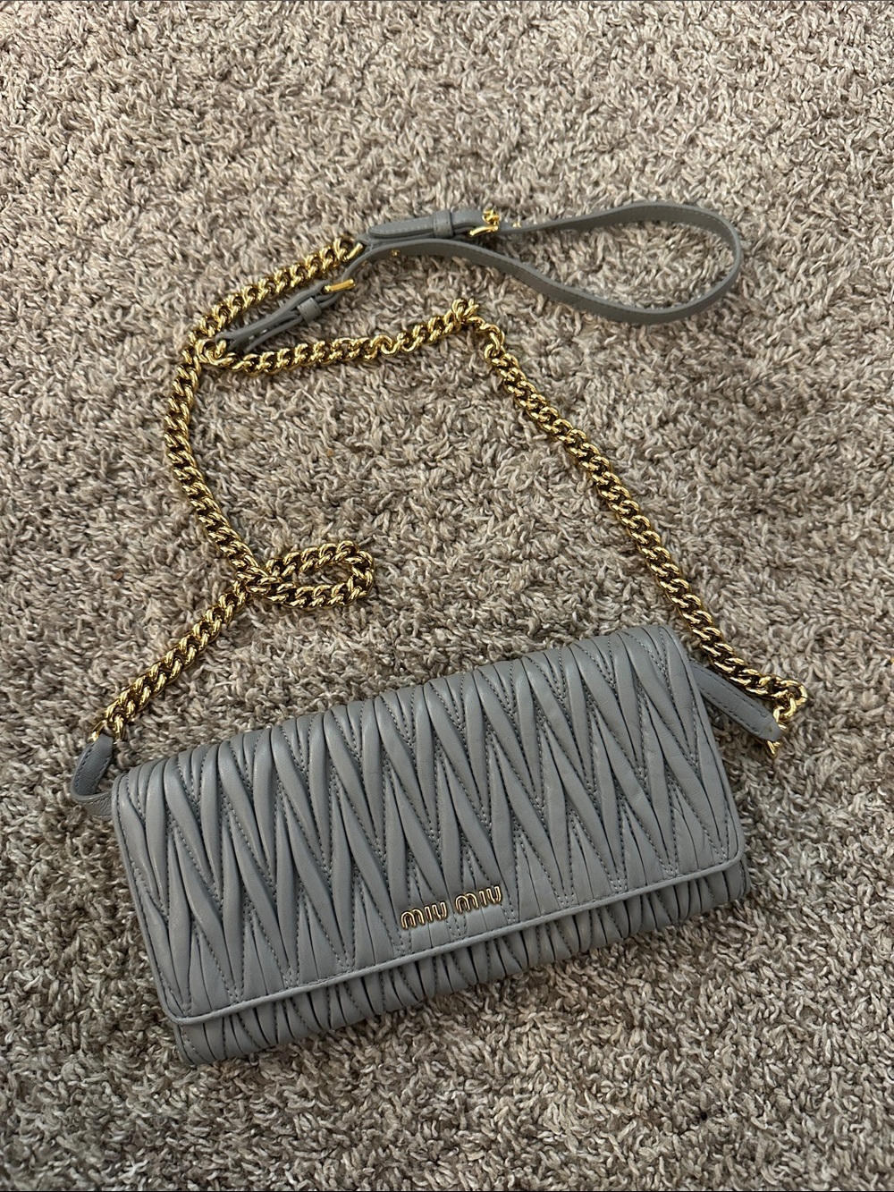 Miu Miu Gray Matelassé Leather Crossbody with Gold Chain